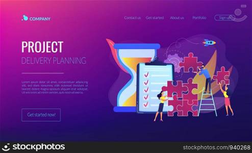 Project management. Business process and planning, workflow organization. Colleagues working together, teamwork. Project delivery concept. Website homepage landing web page template.. Project delivery concept landing page