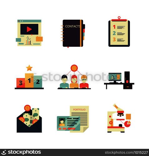 Project management icon. Business product planning record keeping analysis web team vector colored symbols. Business task organization icons set illustration. Project management icon. Business product planning record keeping analysis web team vector colored symbols