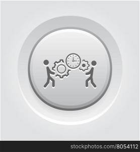 Project Management Icon. Grey Button Design.. Project Management Icon. Business Concept. A Two man with Gears and Clock. Grey Button Design. Isolated Illustration. App Symbol or UI element.