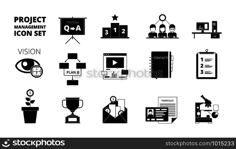 Project management icon. Work planning office managers productivity team manage business processes vector black symbols. Project management icons, business organization productivity illustration. Project management icon. Work planning office managers productivity team manage business processes vector black symbols