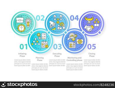 Project management phases circle infographic template. Business. Data visualization with 5 steps. Editable timeline info chart. Workflow layout with line icons. Myriad Pro-Regular font used. Project management phases circle infographic template