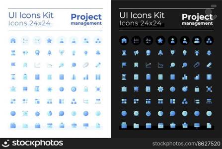 Project management pixel perfect flat gradient two-color ui icons kit for dark, light mode. Business plan. Vector isolated RGB pictograms. GUI, UX design for web, mobile. Poppins font used. Project management pixel perfect flat gradient two-color ui icons kit for dark, light mode