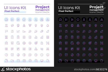 Project management pixel perfect gradient linear ui icons kit for dark, light mode. Line contour user interface symbols. Vector isolated outline illustrations. Montserrat Bold, Light fonts used. Project management pixel perfect gradient linear ui icons kit for dark, light mode