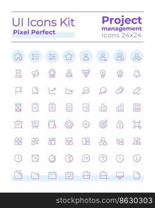 Project management pixel perfect gradient linear ui icons kit. Line contour user interface symbols. Modern style pictograms. Vector isolated outline illustrations. Montserrat Bold, Light fonts used. Project management pixel perfect gradient linear ui icons kit