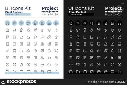 Project management pixel perfect linear ui icons kit for dark, light mode. Business strategy. Outline isolated user interface elements for night, day themes. Editable stroke. Poppins font used. Project management pixel perfect linear ui icons kit for dark, light mode