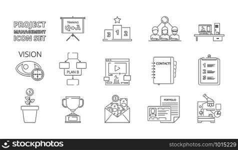 Project management symbols. Business planning processes web crm systems for work plan and strategy vector thin line pictures. Illustration of project organization icons linear style. Project management symbols. Business planning processes web crm systems for work plan and strategy vector thin line pictures