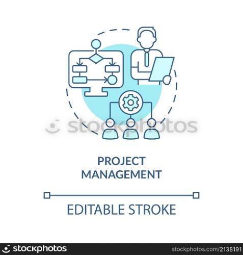 Project management turquoise concept icon. Skills for human resources abstract idea thin line illustration. Isolated outline drawing. Editable stroke. Roboto-Medium, Myriad Pro-Bold fonts used. Project management turquoise concept icon