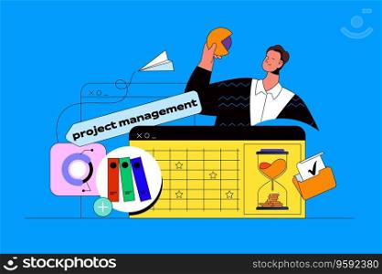 Project management web concept with character scene. Manager schedules tasks and deadlines, brainstorms and using calendar. People situation in flat design. Vector illustration for marketing material.