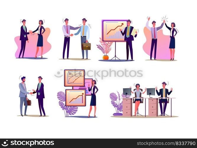 Project managers set. Office workers shaking hands, presenting reports, celebrating success. Flat vector illustrations. Business, partnership concept for banner, website design or landing web page