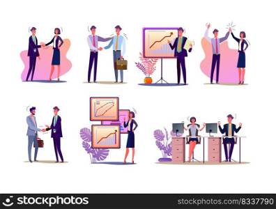Project managers set. Office workers shaking hands, presenting reports, celebrating success. Flat vector illustrations. Business, partnership concept for banner, website design or landing web page