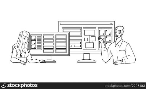 Project Monitoring Business Of Managers Black Line Pencil Drawing Vector. Man And Woman Businesspeople Project Monitoring And Controlling Employee Occupation On Computer Screen. Illustration. Project Monitoring Business Of Managers Vector