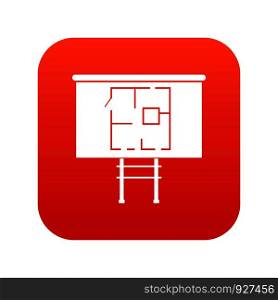 Project of house on a board icon digital red for any design isolated on white vector illustration. Project of house on a board icon digital red