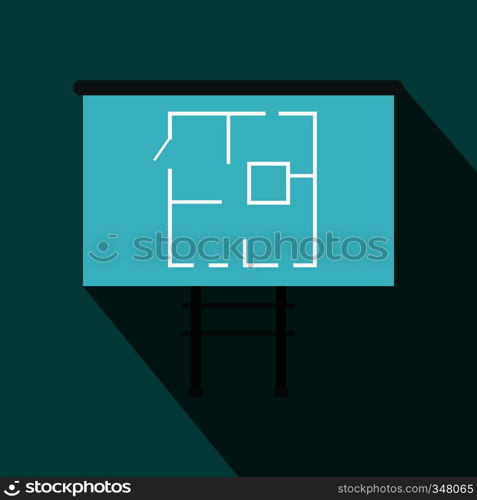 Project of house on a board icon in flat style on a blue background. Project of house on a board icon, flat style