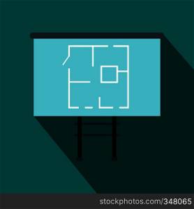 Project of house on a board icon in flat style on a blue background. Project of house on a board icon, flat style