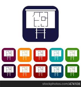 Project of house on a board icons set vector illustration in flat style In colors red, blue, green and other. Project of house on a board icons set