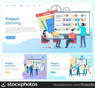 Project planning and presentation with management business network icon, team workers discussing strategy with laptop near table. Set of web screens vector. Project Planning Presentation, Management Vector