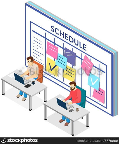 Project planning, deadline and time management concept. Business team is making office timetable and working on laptops. People analyzing plan, schedule. Work schedule planning using technology. Business team makes office timetable and works on laptops. People analyzing plan, schedule