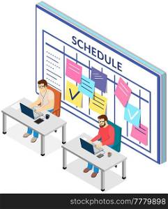 Project planning, deadline and time management concept. Business team is making office timetable and working on laptops. People analyzing plan, schedule. Work schedule planning using technology. Business team makes office timetable and works on laptops. People analyzing plan, schedule