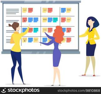 Project planning, time management concept. People cooperating to create new schedule. Company employees working with monthly plan. Women draw up business development strategy plan, to do list. Women draw up business development strategy, to do list. Company employees working with monthly plan