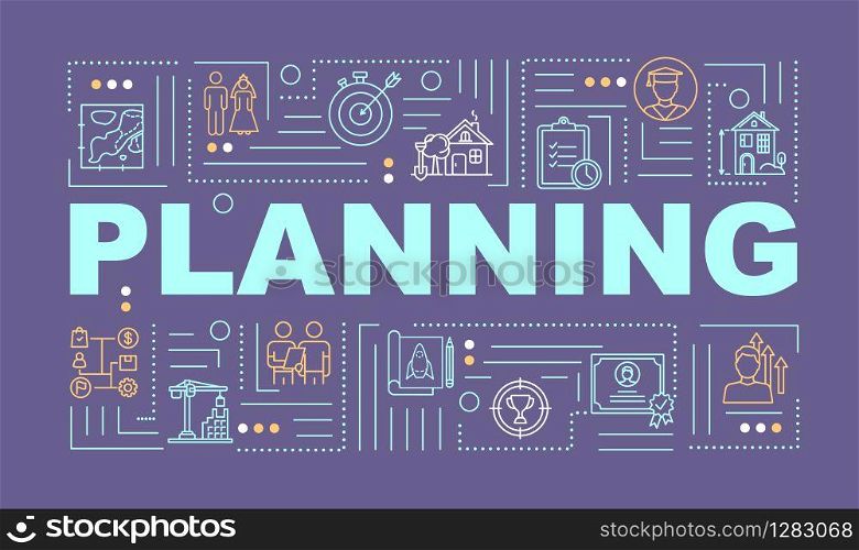 Project planning word concepts banner. Strategy building. Goal setting. Infographics with linear icons on dark purple background. Isolated typography. Vector outline RGB color illustration