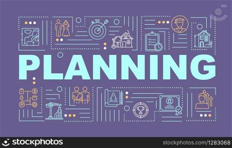 Project planning word concepts banner. Strategy building. Goal setting. Infographics with linear icons on dark purple background. Isolated typography. Vector outline RGB color illustration
