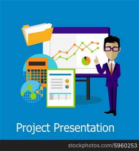 Project presentation concept design style. Project management, project plan, project icon, business presentation, meeting or conference or seminar, office projection, information show illustration