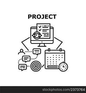 Project Strategy Vector Icon Concept. Project Strategy Developing And Managing Process, Businessman And Manager Analyzing Plan And Working For Successful Goal Achievement Black Illustration. Project Strategy Vector Concept Black Illustration