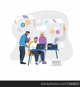 Project teamwork concept illustration of business people using laptop and printer. Manager, designer, programmer working together as team on a project. Flat design for website banner and landing page. Project teamwork concept illustration of business people