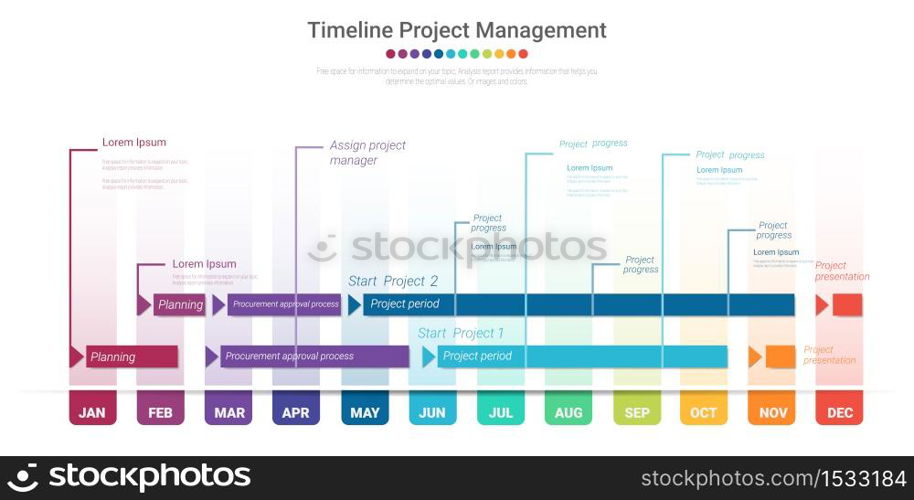 Project timeline graph for 12 months, 1 year, All month planner design and Presentation business project.