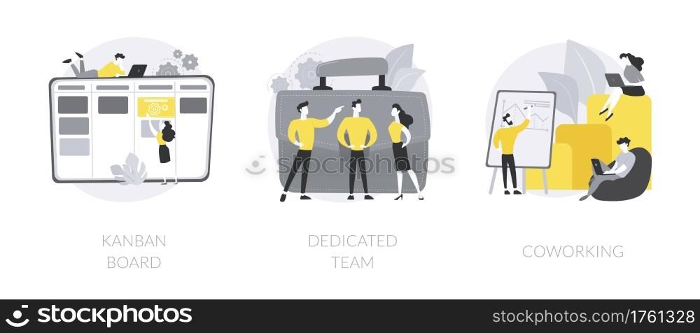 Project workflow abstract concept vector illustration set. Kanban board, dedicated team, coworking for freelancers, agile project management, scrum meeting, IT outsource abstract metaphor.. Project workflow abstract concept vector illustrations.