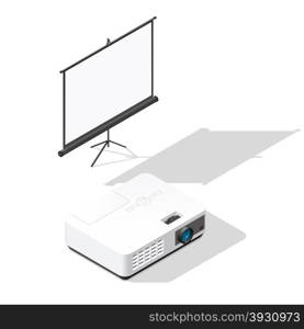 Projector and screen isometric icons set. Projector and screen isometric icons set vector graphic illustration