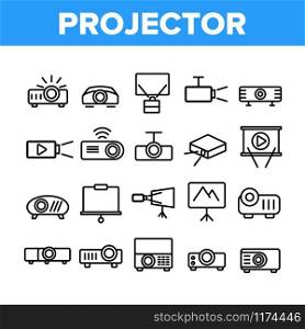 Projector Equipment Collection Icons Set Vector Thin Line. Electronic Device Video Projector And Projection Screen For Watch Film Concept Linear Pictograms. Monochrome Contour Illustrations. Projector Equipment Collection Icons Set Vector