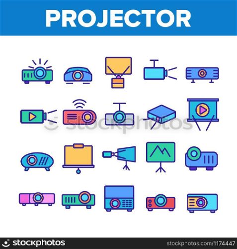 Projector Equipment Collection Icons Set Vector Thin Line. Electronic Device Video Projector And Projection Screen For Watch Film Concept Linear Pictograms. Color Contour Illustrations. Projector Equipment Collection Icons Set Vector