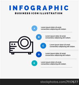 Projector, Film, Movie, Multi Media Line icon with 5 steps presentation infographics Background