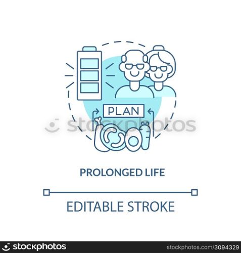 Prolonged life turquoise concept icon. Extend lifespan. Healthy diet advantages abstract idea thin line illustration. Isolated outline drawing. Editable stroke. Arial, Myriad Pro-Bold fonts used. Prolonged life turquoise concept icon
