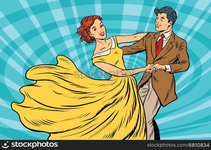 Prom, couple girl and boy dance. Pop art retro vector illustration. Waltz and music