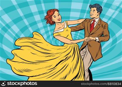 Prom, couple girl and boy dance. Pop art retro vector illustration. Waltz and music