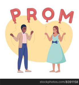 Prom date 2D vector isolated illustration. Couple inviting each other on party flat characters on cartoon background. Colorful editable scene for mobile, website, presentation. Fredoka One font used. Prom date 2D vector isolated illustration