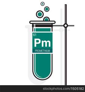 Promethium symbol on label in a green test tube with holder. Element number 61 of the Periodic Table of the Elements - Chemistry