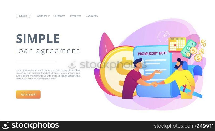 Promise to pay. Money borrowing document. Credit deal, legal contract. Promissory note, commercial paper form, simple loan agreement concept. Website homepage landing web page template.. Promissory note concept landing page