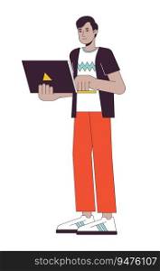 Promising young man holding laptop flat line color vector character. Editable outline full body hardworking person on white. Simple cartoon spot illustration for web graphic design. Promising young man holding laptop flat line color vector character