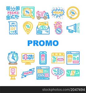 Promo And Advertising Coupon Icons Set Vector. Qr Code On Sale Discount And Newsletter With Advertise Messenger, Promo Street Banner And Promotional Ribbon Line. Color Illustrations. Promo And Advertising Coupon Icons Set Vector