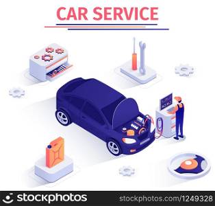 Promo Banner for Car Inspection Service. Scheduled Operation Auto Maintenance. Master Performs Computer Engine Diagnostics, Checks Piston Group, Tests Battery Charge. Vector Isometric 3d Illustration. Car Inspection Service Vector Isometric Banner