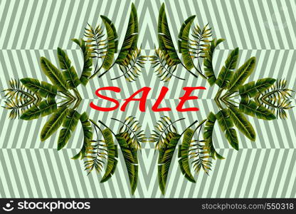 Promo banner sale tropical leaves mirror style striped background