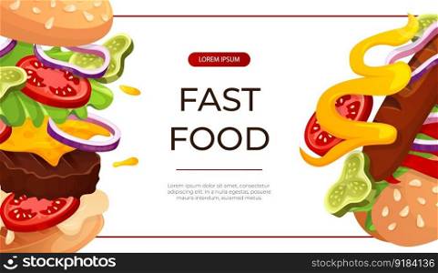 Promo banner with fast food flying hot dog and burger. Street takeaway cafe, cooking, junk food. King size, classic american traditional cartoon snacks meals. Vector for cover, poster, flyer, menu
