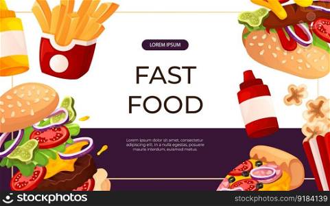 Promo banner with fast food hot dog, pizza, soda, fries, burger. Street takeaway cafe,cooking, junk food. King size, classic american traditional cartoon snacks meals. Vector for cover, poster, flyer