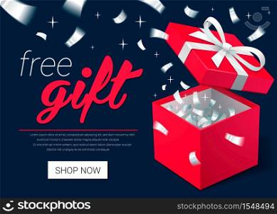 Promo banner with Open Gift Box and silver Confetti. Red jewelry box. Template for jewelry shops. Christmas Background. Vector Illustration.. Promo banner with Open Gift Box and silver Confetti. Turquoise jewelry box. Template for cosmetics jewelry shops. Christmas Background.