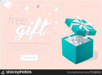 Promo banner with Open Gift Box and silver Confetti. Turquoise jewelry box. Template for cosmetics jewelry shops. Christmas Background. Vector Illustration.. Promo banner with Open Gift Box and silver Confetti. Turquoise jewelry box. Template for cosmetics jewelry shops. Christmas Background.