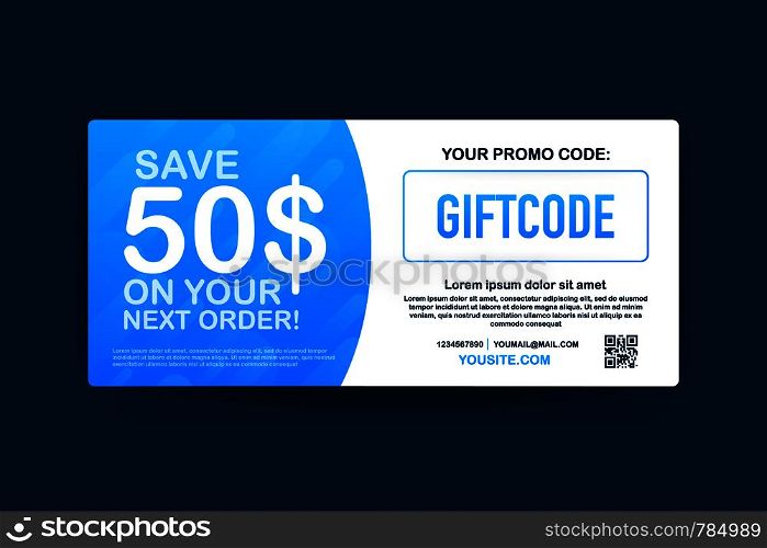 Promo code. Vector Gift Voucher with Coupon Code. Premium eGift Card Background for E-commerce, Online Shopping. Marketing. Vector stock illustration.