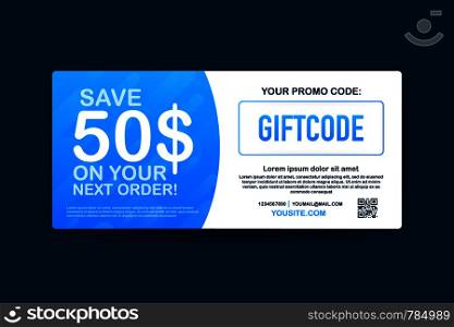 Promo code. Vector Gift Voucher with Coupon Code. Premium eGift Card Background for E-commerce, Online Shopping. Marketing. Vector stock illustration.
